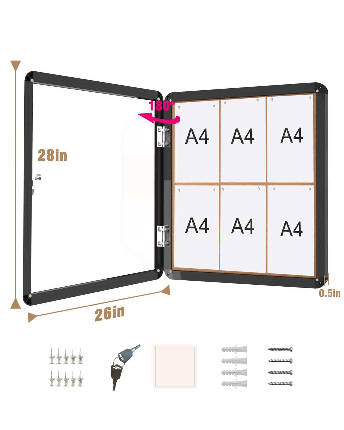 Mifuro 28"x26" Enclosed Bulletin Board, Lockable Weather-Resistant Aluminum Cork Noticeboard for School & Office, Black Frame w/Cork