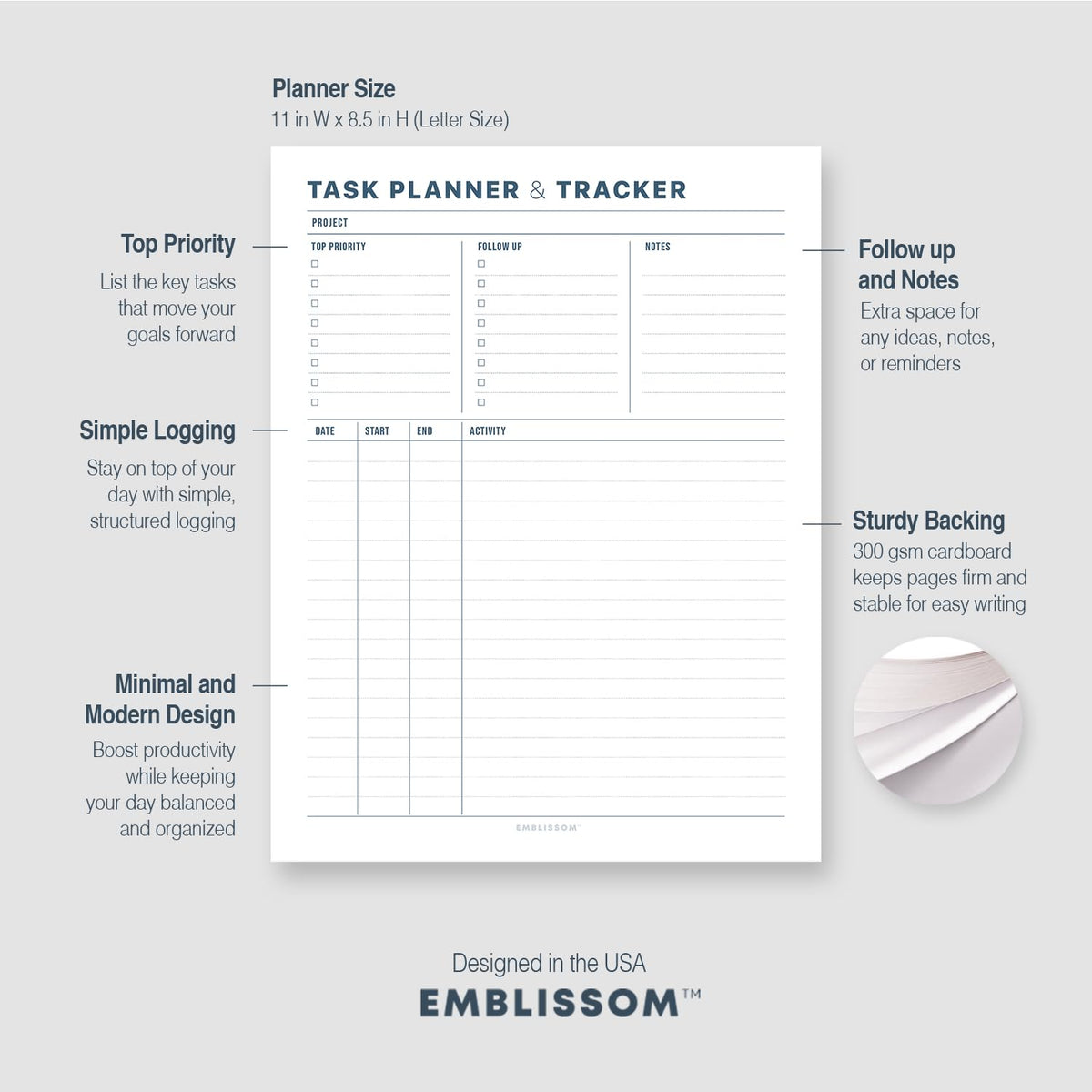 Task Planner & Tracker 8.5 x 11 Tear-Off 70 Sheet Planner Pad – Project Organizer with Time Log, Top Priority, Follow-Up – Notepad for Home & Office (White, Minimalist, 2 Pack)