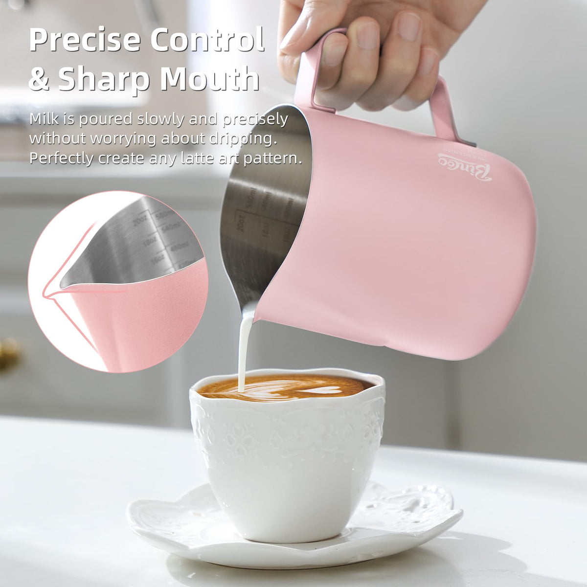 Pink Milk frother - 600ml Milk Frothing Pitcher, Milk Frother Cup Espresso Steaming Pitcher for Barista, Bincoo SUS304 Stainless Steel Espresso Steaming Pitchers for Latte Art/Cappuccino/Coffee/Milk
