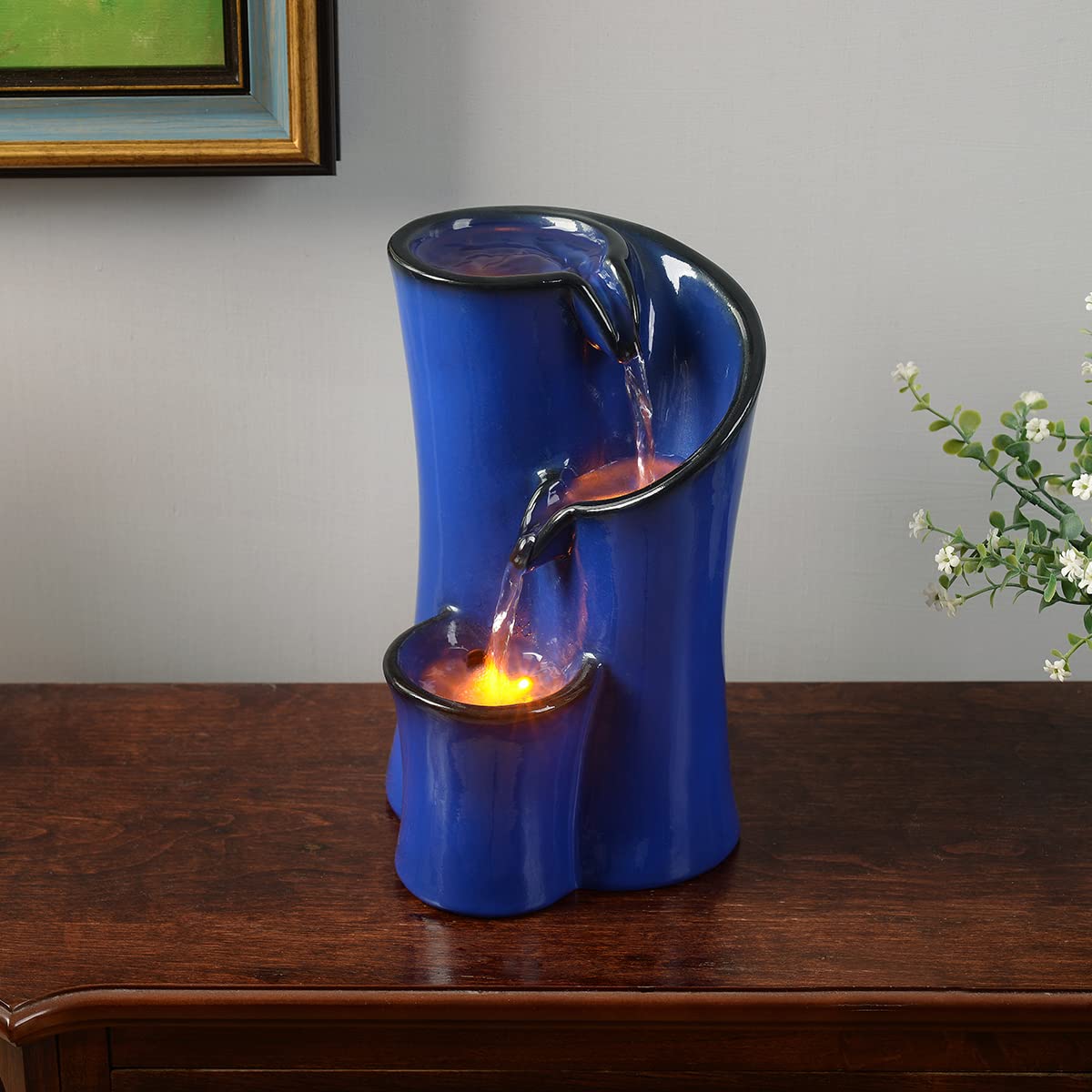 Indoor Water Fountain Imitation Ceramics Appearance Tabletop Relaxation Desktop Waterfall w/ 3 Reflective led, 9.8 Inch Tall (Blue)