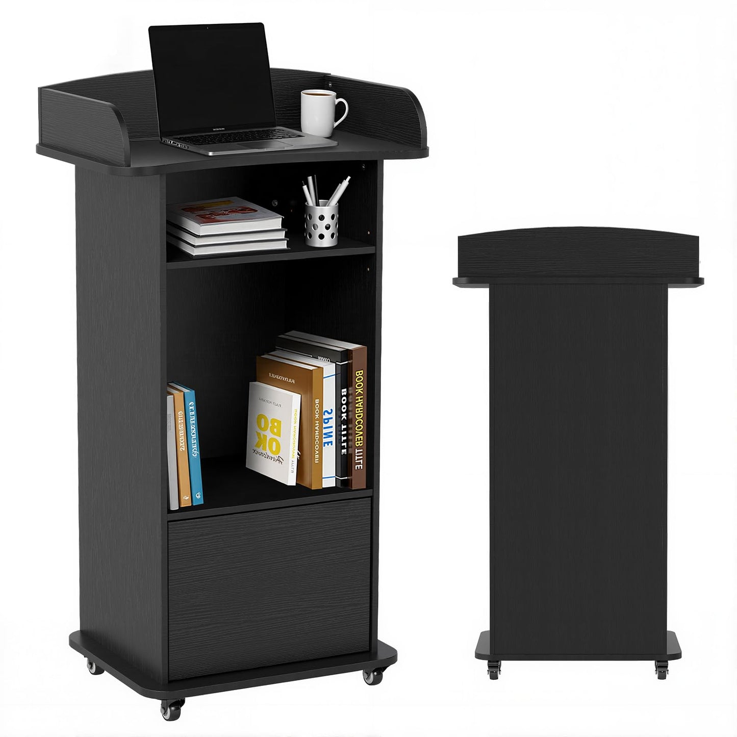Podium Stand Portable with Wheels, Classroom Lectern for Teacher with Adjustable Storage Shelf, Mobile Rolling Church Pulpits, Office Wooden Reception Desk, Host Stand for School Conference（Black）