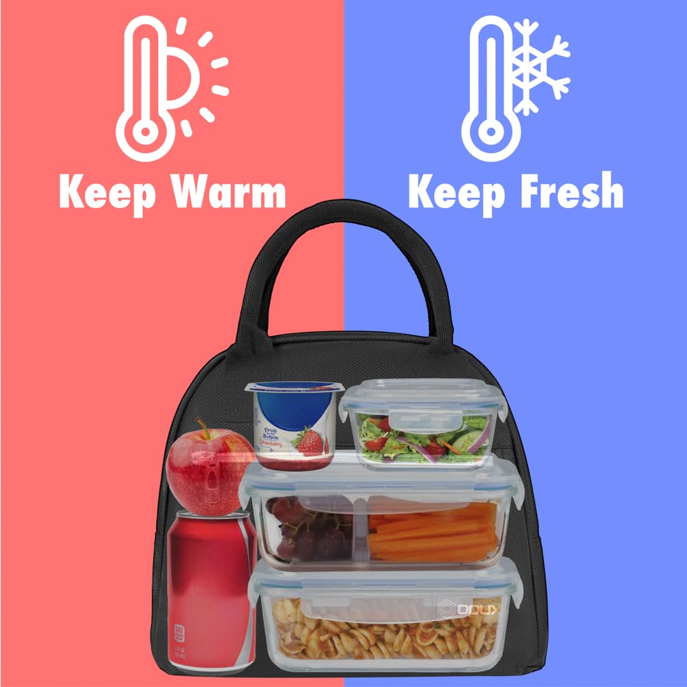 opux Insulated Lunch Box for Women, Reusable Lunch Bag Tote for Work, Girls, School, Soft Cooler Cute Lunchbox Thermal Meal Prep Organizer, Black