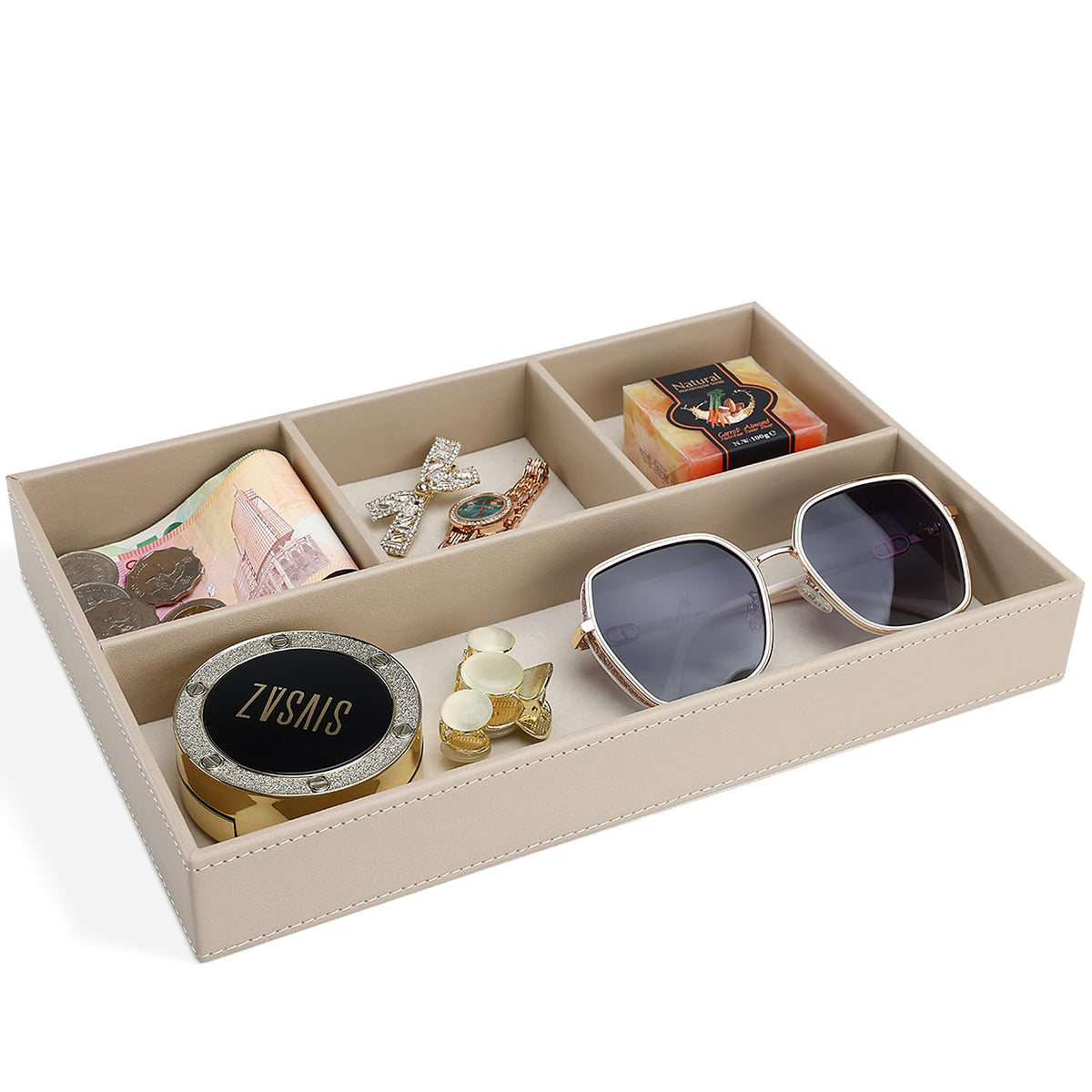 GORESE PU Leather Valet Tray, Stackable Jewelry Trays for Dresser, Drawer Nightstand Organizer Bedside Trays for Men Women, Entryway Desk Catchall Tray for Trinket, Key, Purse, Watch, Cologne, Beige