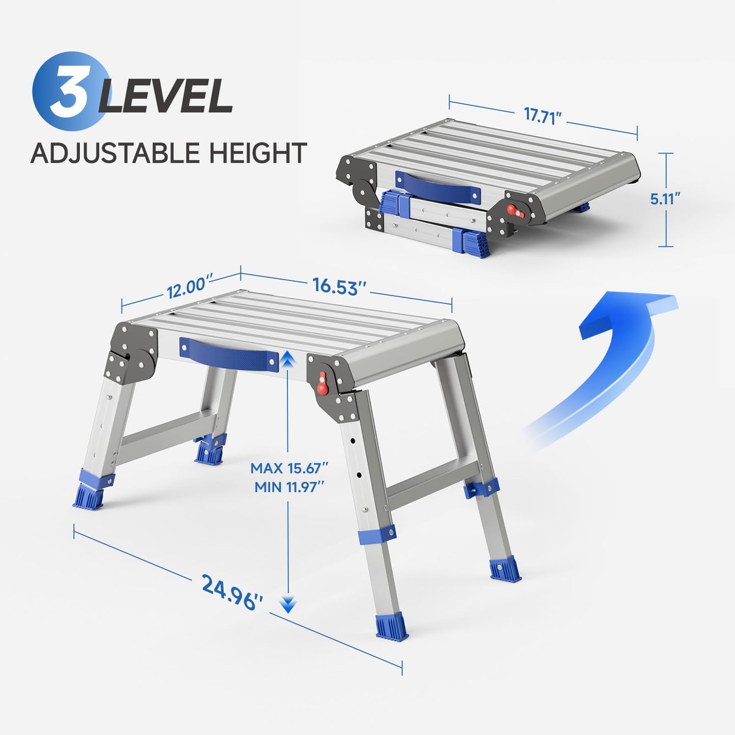 Loyoda Folding Step Stool for Adults, Aluminum Work Platform Adjustable Height, Lightweight and Durable Portable Outdoor Aluminum Step Stool Foldable, Maximum Load Capacity of 440 Pounds.