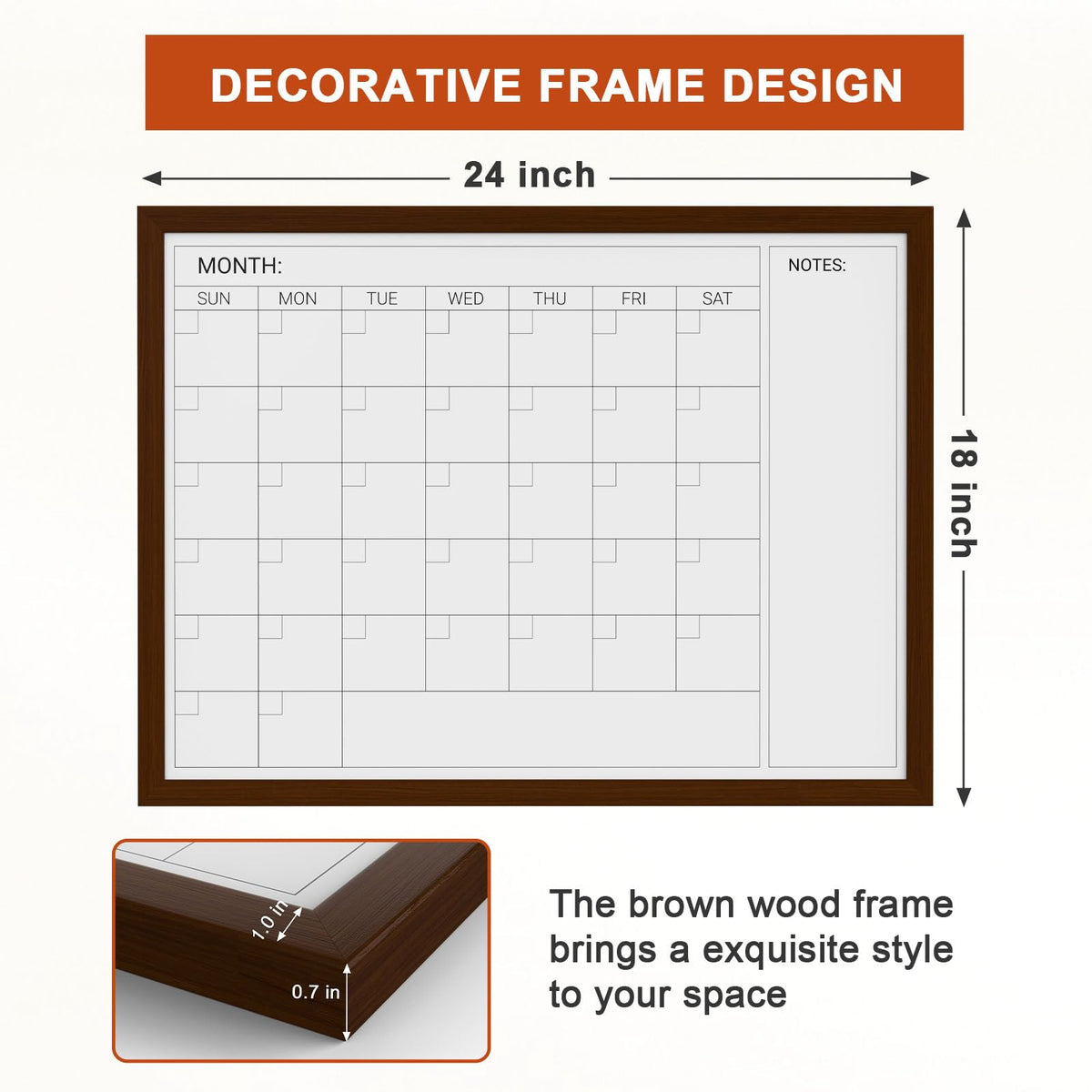 Comix Dry Erase Calendar Whiteboard for Wall, Magnetic Dry Erase White Board with Brown Wood Frame, 24 * 18 inches Decorative Planner Board for Office, Kitchen, School, Home