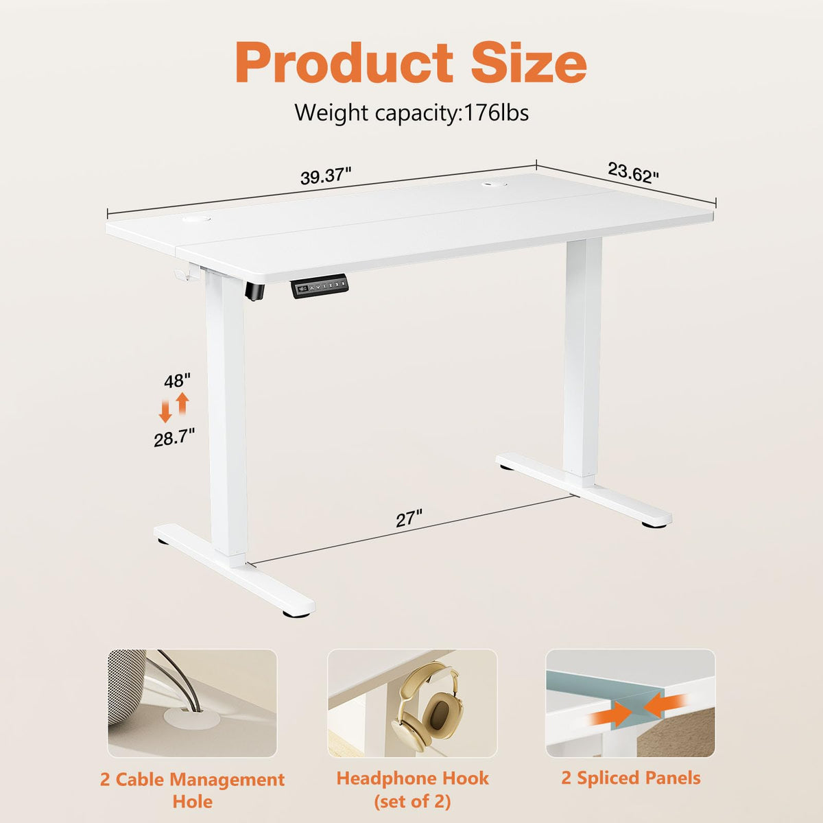 Sweetcrispy Electric Standing Desk Adjustable Height, 40x24 Inch Sit Stand Up Home Office Desks Computer Workstation PC Work Table with 3 Memory Preset Splice Wood Board Metal Frame, White