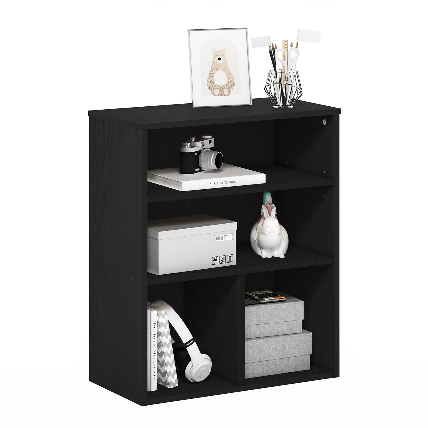 Furinno PASIR Book Shelf, 3-Tier Display Bookshelf with Adjustable Shelf, Cube Storage Bookcase, 11.8 x 23.6 x 28.2, for Living Room, Bedroom, Home Office, Black Oak