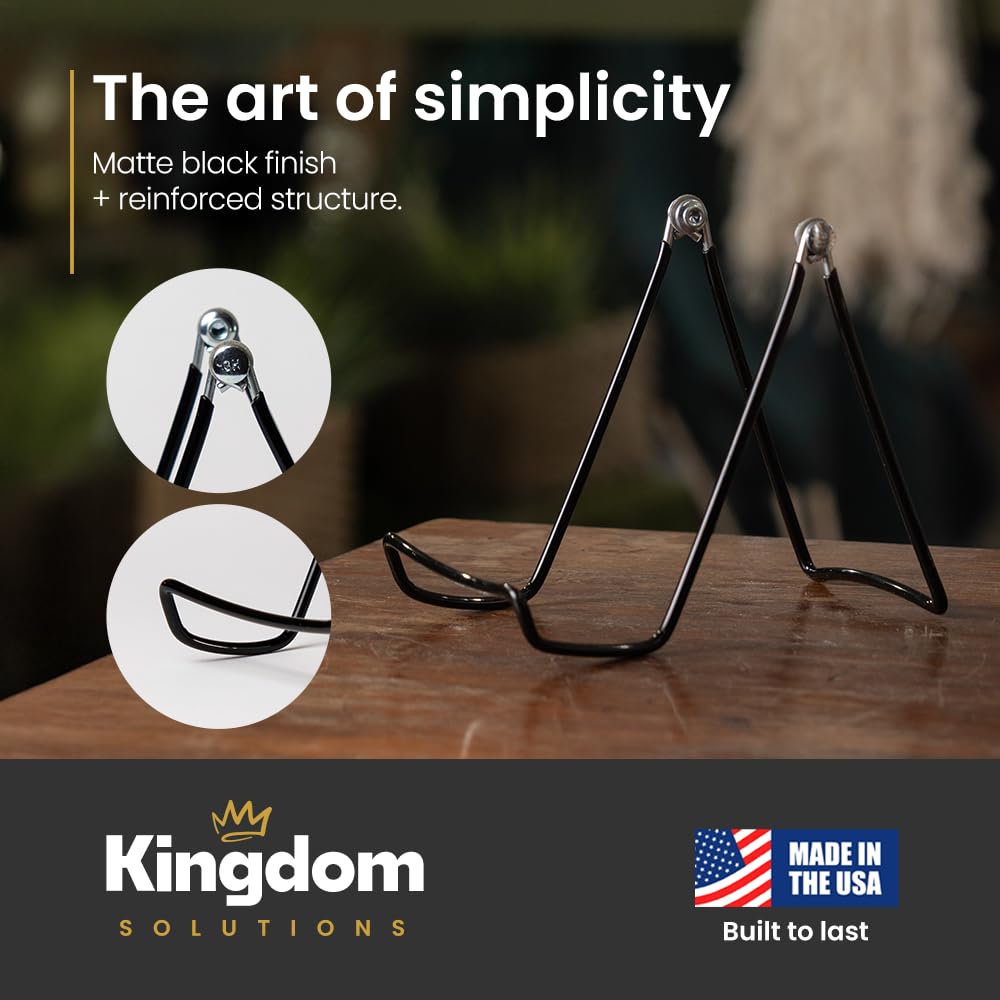 KINGDOM SOLUTIONS MADE IN USA 12-Pack Adjustable Black Metal Easels - Book Stand - Sturdy Plate Stand for Art, Pictures, Books, Frames - Unique on the Market