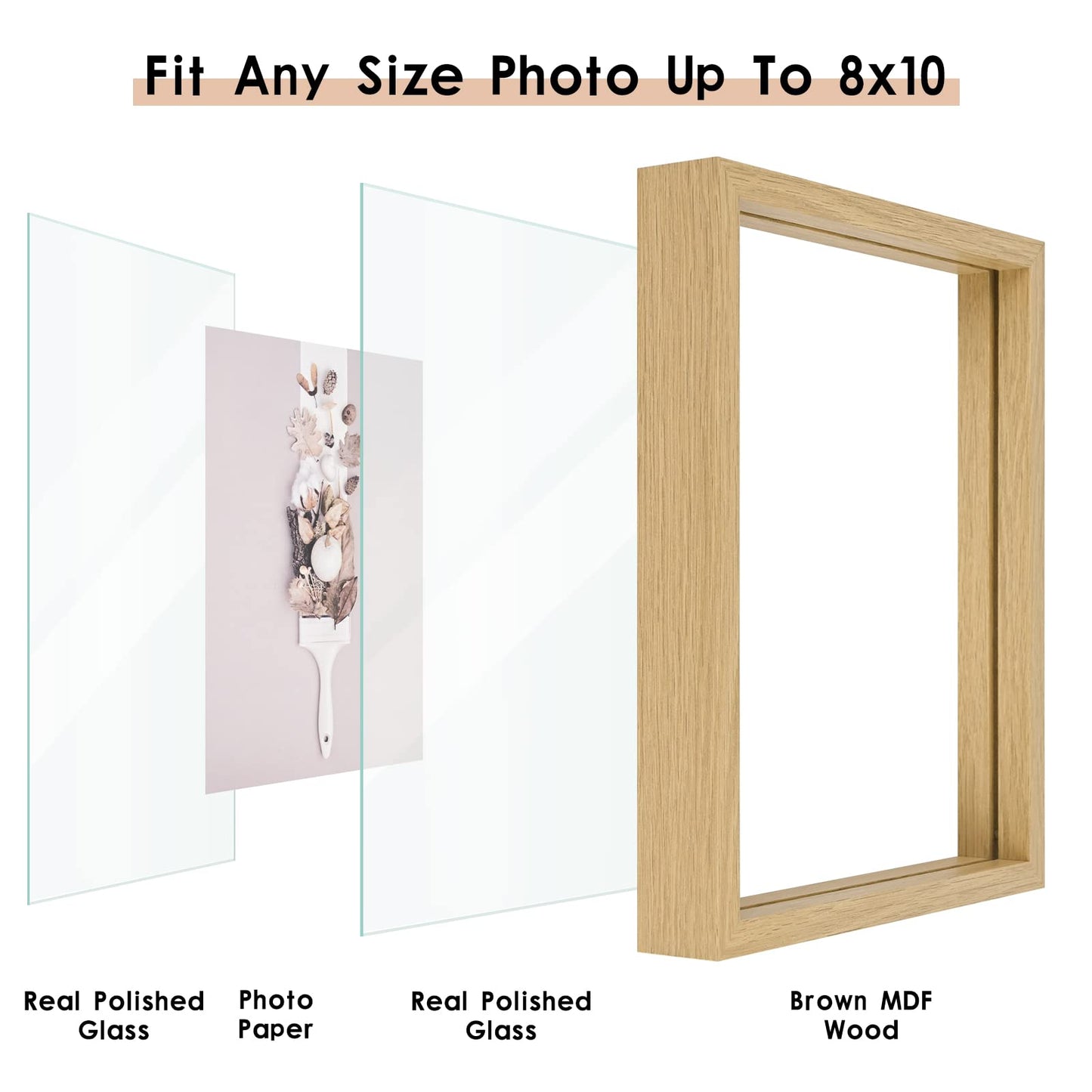 MUYE 8x10 Floating Frame Set of 2,Double Glass Rustic Photo Frame for Wall Hanging or Tabletop Standing,Display Any Size Photo up to 8x10,Natural