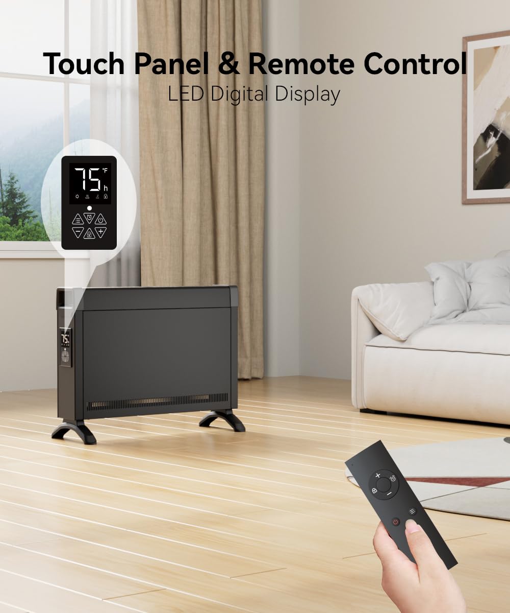 BREEZEHEAT Convection Panel Heater 1500W, Energy Efficient Electric Space Heater for Indoor Use w/Remote Control, Silent Operation, Slim Design for Large Room, Home Office (Black)