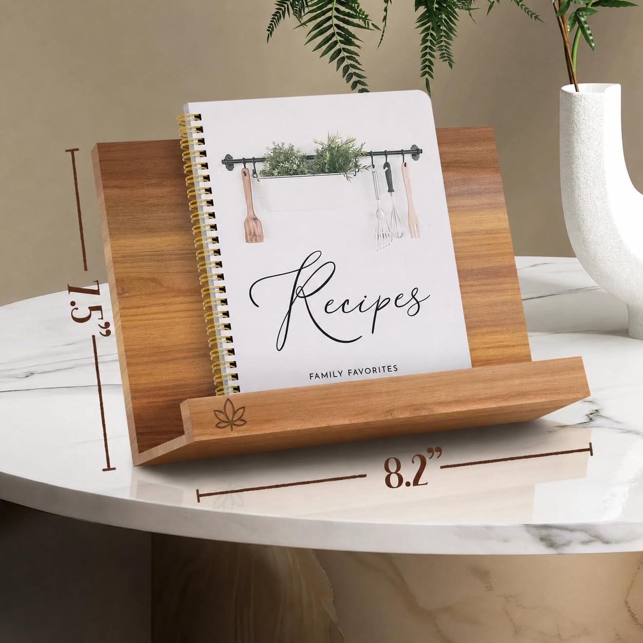 Wooden Cookbook Stand – Solid Acacia Recipe Book Holder for Kitchen Counter | Bamboo Phone Holder Included | 4 Ergonomic Angles | Foldable iPad & Tablet Stand | Gift-Ready Set with Box