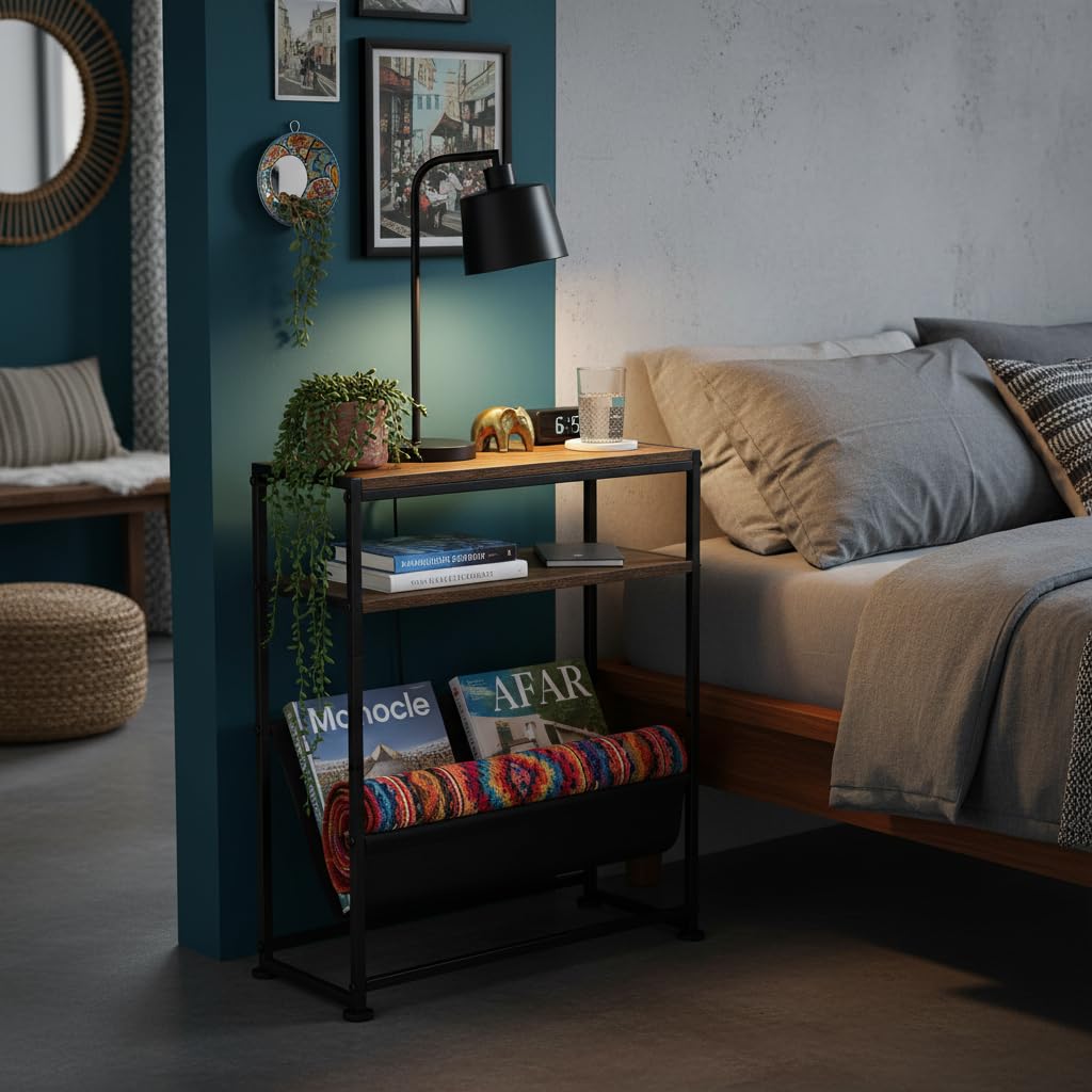 ZEXVIDA Narrow End Table with Magazine Rack, 2-Tier Slim Side Table for Small Spaces, Industrial Nightstand with Storage Sling for Living Room, Couch and Bedroom, Rustic Brown