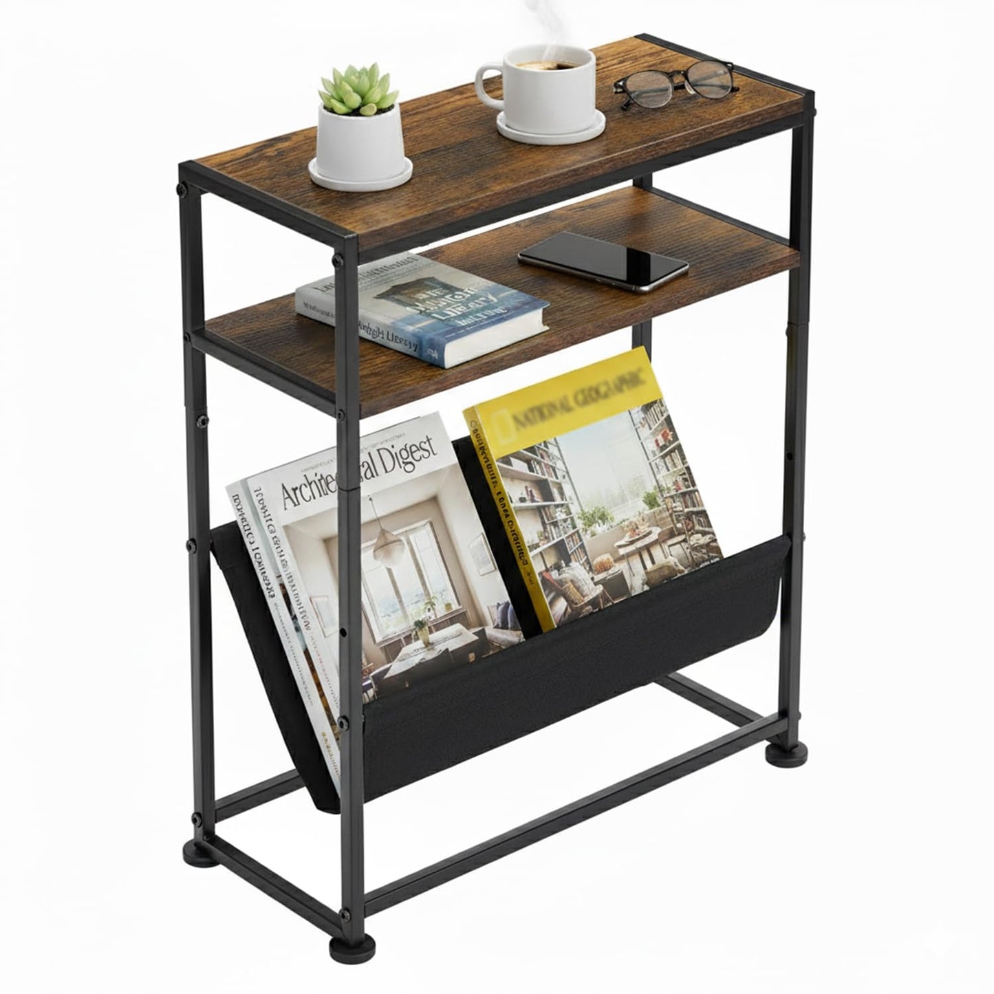 ZEXVIDA Narrow End Table with Magazine Rack, 2-Tier Slim Side Table for Small Spaces, Industrial Nightstand with Storage Sling for Living Room, Couch and Bedroom, Rustic Brown