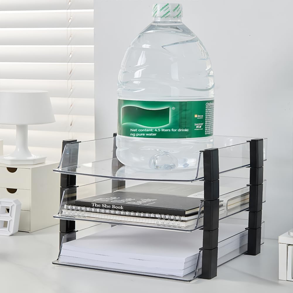 RHONZHAO Clear 4-Tier Stackable Paper Tray Organizer for Letter/A4 Files, Desktop Document Sorter, Transparent Office Desk Storage (4 - Tier Clear)