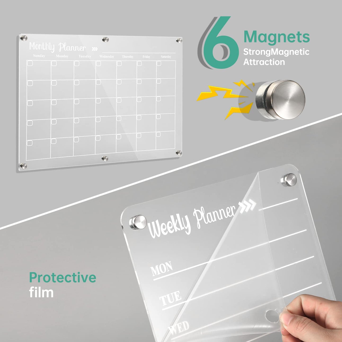 LCPCX Acrylic Magnetic Dry Erase Board for Fridge, Set of 3 Transparent Monthly & Weekly Planning Boards, Includes 6 Dry Erase Markers, 1 Eraser and Magnetic Pen Holder