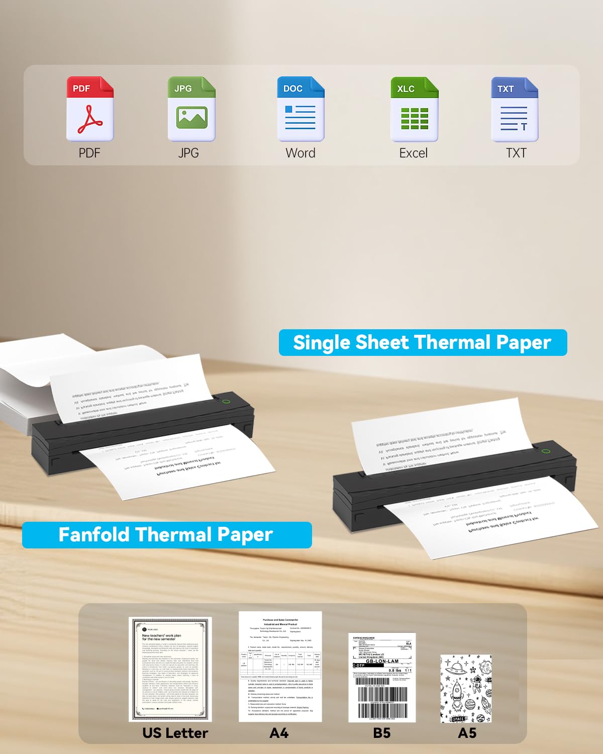 NDYIN Portable Printer Wireless for Travel, D80 Thermal Printer, Inkless Printers, Compatible with iOS, Android, Laptop, Supports 8.5" x 11" US Letter & A4 & A5 for Home Use, Office, Vehicles, Black