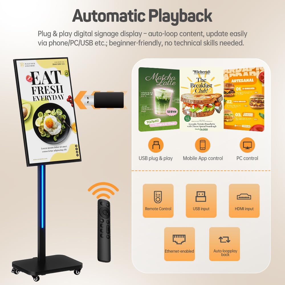JASZDOT 32 Inch Digital Signage Display on Wheels, Portable LCD Touch Digital Kiosk with Adjustable Rolling Stand, Phone App Control Android 14 Advertising Display Poster, Auto Media Player, HDMI/USB