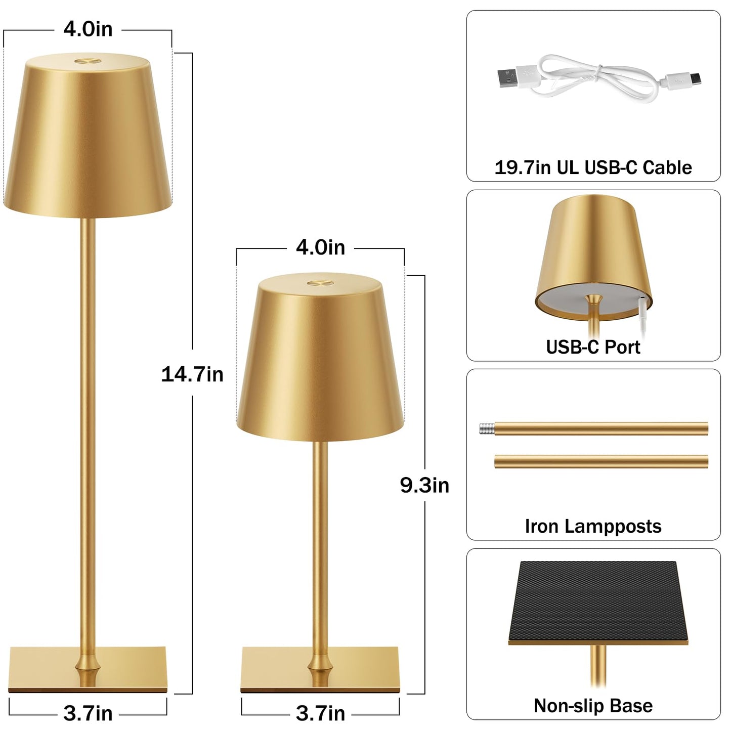 Gold Cordless Rechargeable Table Lamp, 2 Pack Portable Desk Lamp with 5000mAh Battery, Touch Control Stepless Dimming, Wireless Night Light for Dining, Outdoor Camping, Coffee Shop, Water Repellent