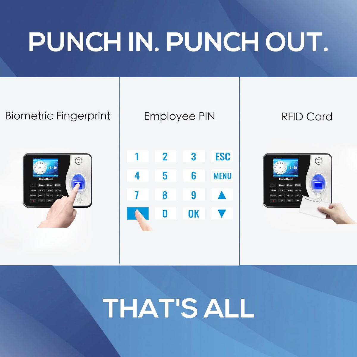 HapAttend Time Clocks for Employees Small Business Automatic Calculate Hours, 0 Monthly Fees Fingerprint Time Clock, H3 Standalone Biometric Clock in Machine for Employees with 5 RFID Cards (No WiFi)
