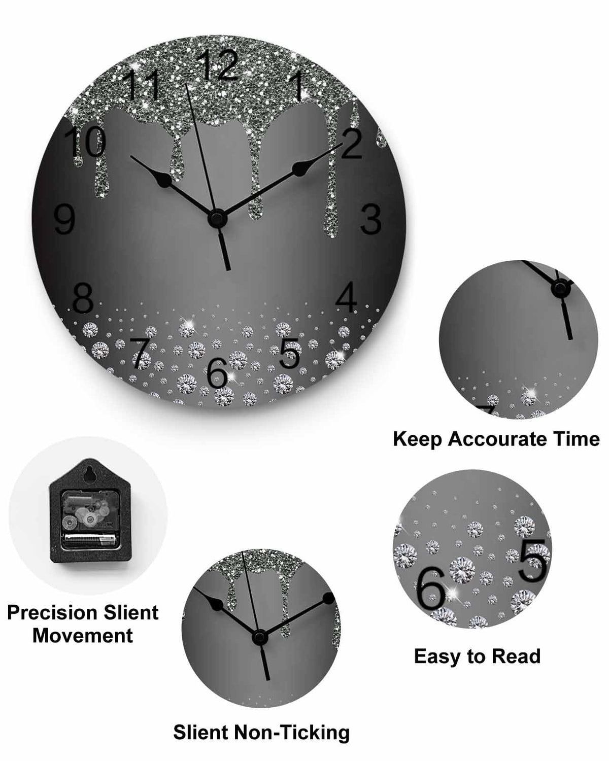 LooPoP Wall Clock Black Diamond Clocks PVC Silent Non-Ticking Battery Operated Decorative Luxury Bling Water Drop Round Clock for Home Living Room Kitchen Bedroom Office School Wall Decor 10 Inch