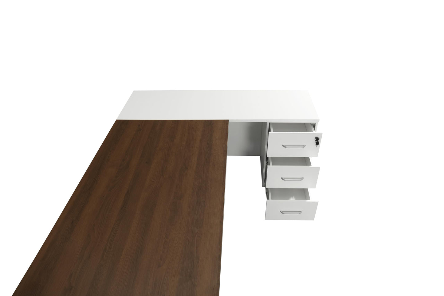 Leon 87" Wood Office Furniture Set of 3pcs | Executive Right Side L Shaped Corner Desk & File Drawers w/Telescopic Rail | Coffee Table | Storage Cabinet w/Chrome Handles | Modern Home Workstation