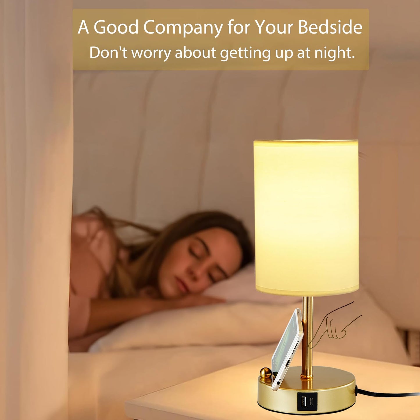 Briever Touch Control Table Lamp for Bedroom, 3-Way Dimmable Nightstand Lamp with USB Charging Ports, Bedside Desk Lamp with Gold Phone Stand & Round Linen Fabric Shade, Bulb Included