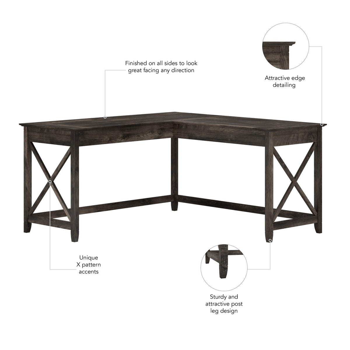 Bush Home Key West 60W Modern Farmhouse L Shaped Desk in Dark Gray Hickory, 60-Inch Corner Computer Table for Home Office Workspace
