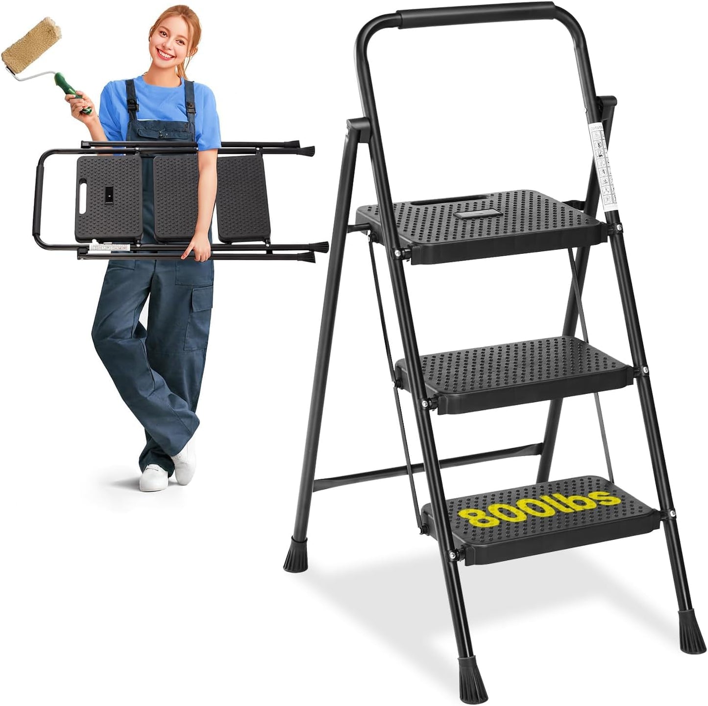 Simple Deluxe 3 Step Ladder, Step Stool Foldable, 800lbs Portable Ladder with Wide Anti-Slip Pedal, Step Stool for Adults, Lightweight Step Ladder for Home Kitchen and Outdoor, Black