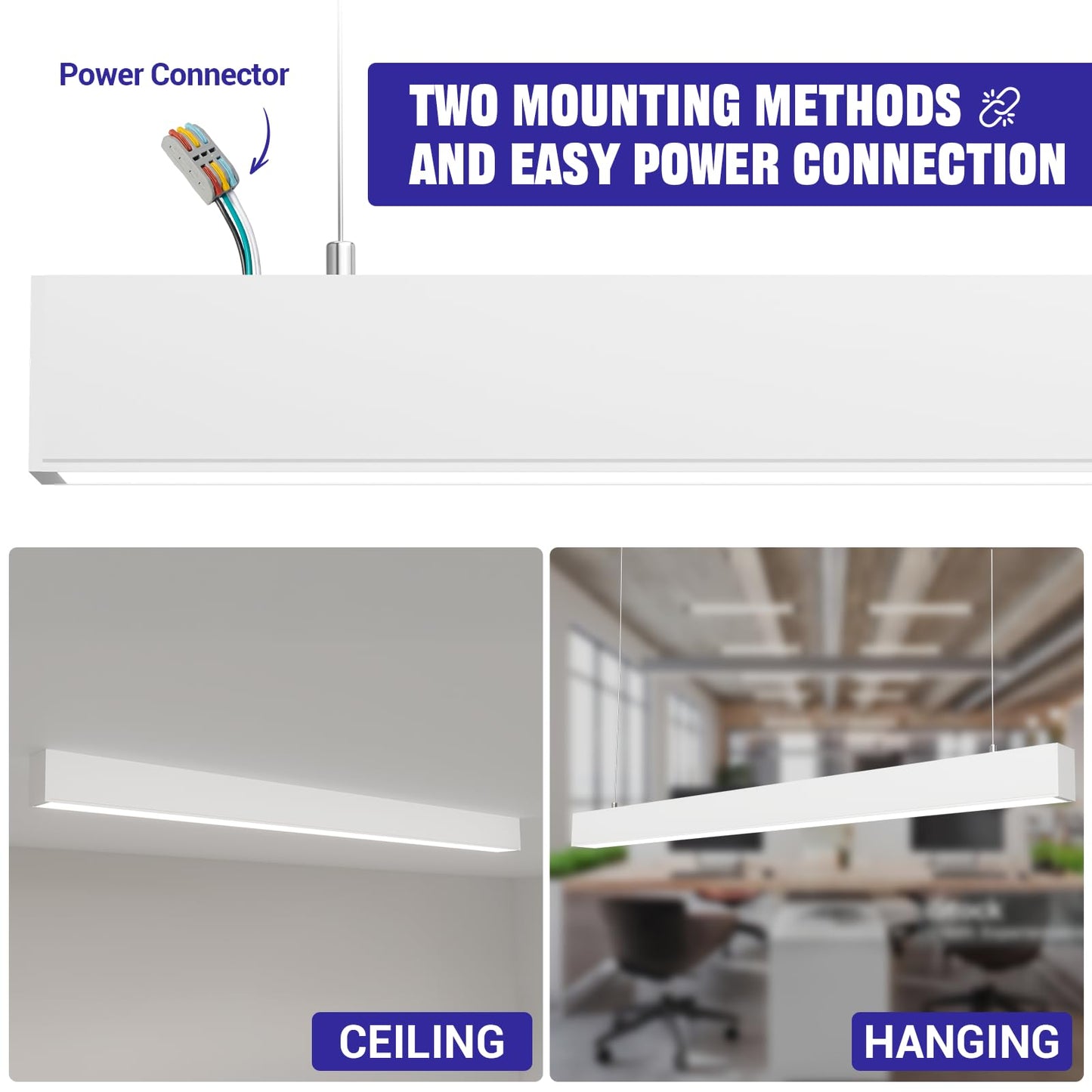 JTT 4FT LED 4Pack White Linear Light,50W/40W/30W Linkable Office Light Fixture,3000K-5000K Selectable,0-10V Dimmable Architectural LED Suspension Ceiling Hanging for Shop