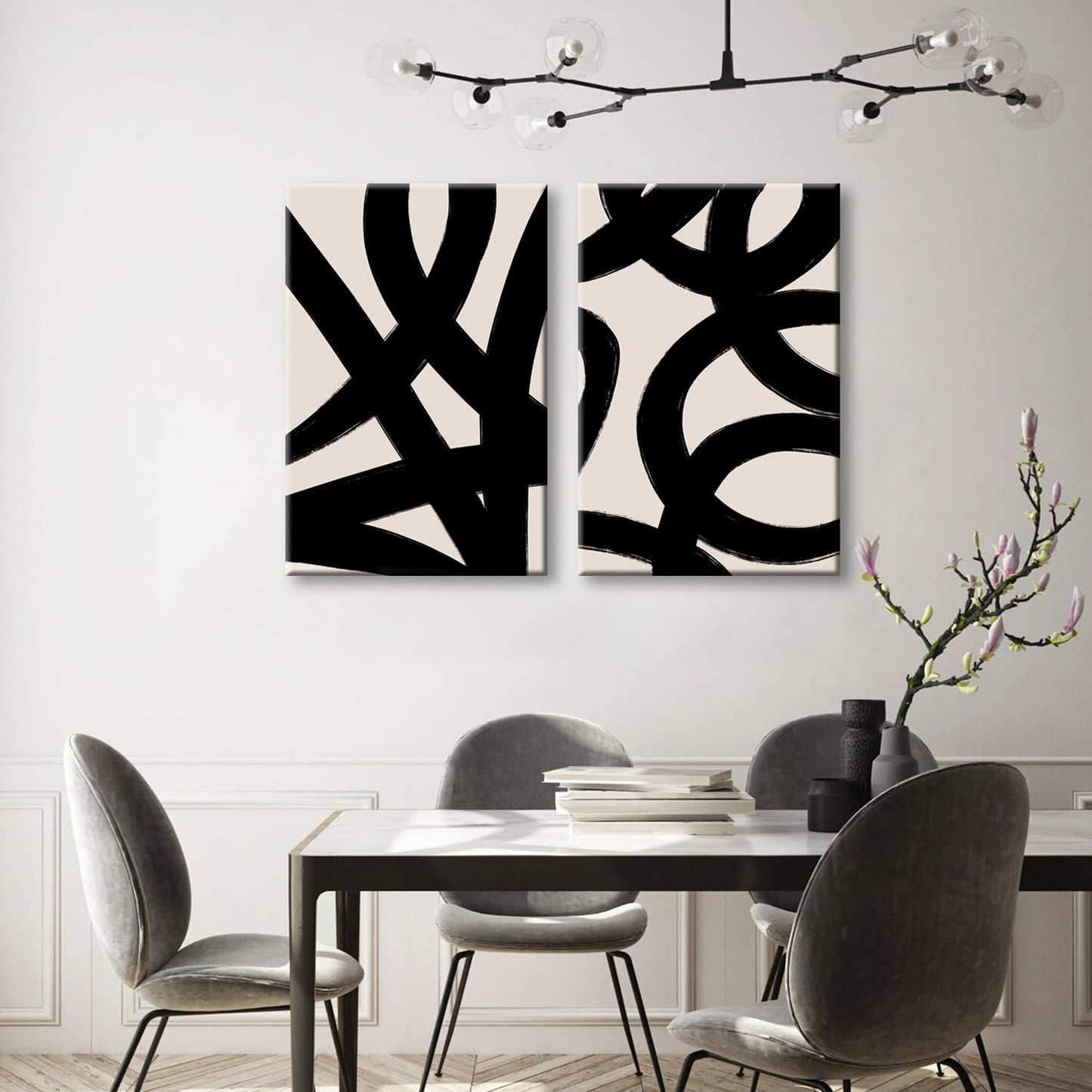 Framed Abstract Wall Art Canvas Set Lines Pictures Modern Mid Century Boho Wall Decor Minimalist Abstract Black Stroke Lines Canvas Painting Artwork Living Room Bedroom Home Office 12"x16"x2