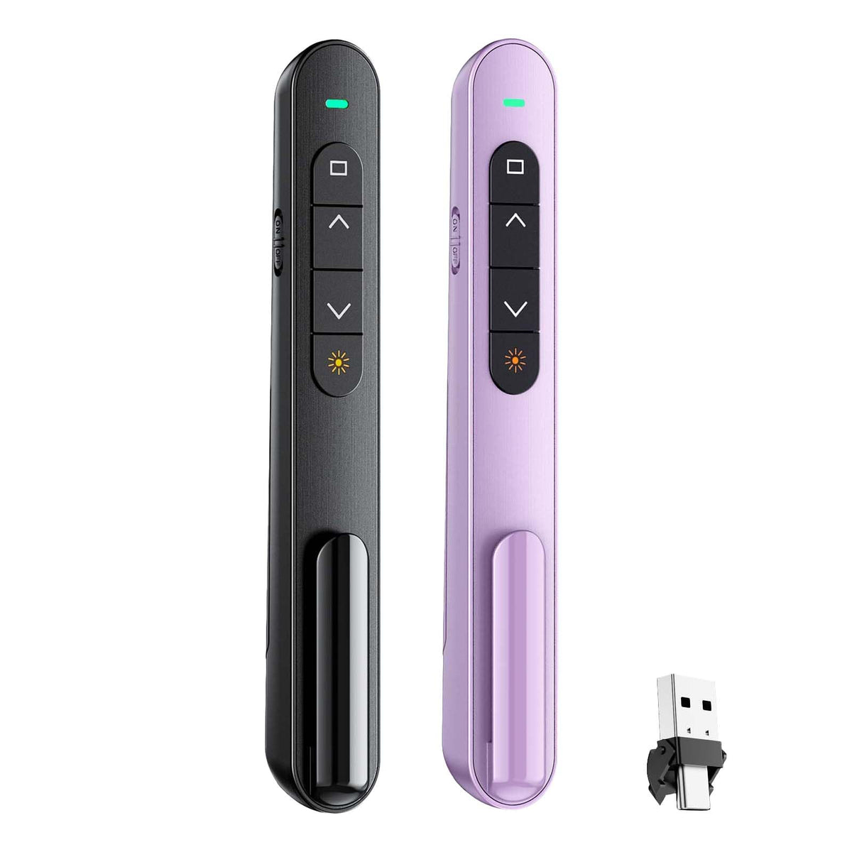 QUI 2 Pack Wireless Presenter Remote, 2.4GHz RF Presentaion Clicker with Hyperlink Volume Control, USB Presentation Remote for Mac, Laptop, Google Slides (USB Type-c, Black Purple)