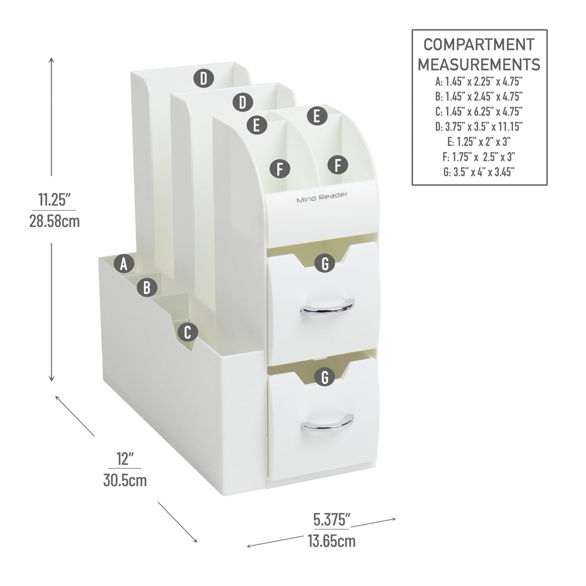 Mind Reader Cup and Condiment Station, Countertop Organizer, Coffee Bar, Kitchen, Stirrers, 5.375"L x 12"W x 11.25"H, White