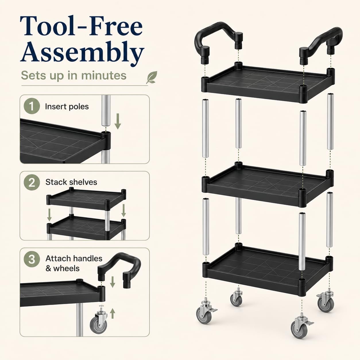 Liboocare 3-Tier Rolling Utility Cart with 2 Locking Brakes, 520 Lbs Heavy Duty 31.5"x15.7"x40.6" Commercial Service Cart, Tangle-Free Silent Wheels for Home, Office, Restaurant, Warehouse, Kitchen