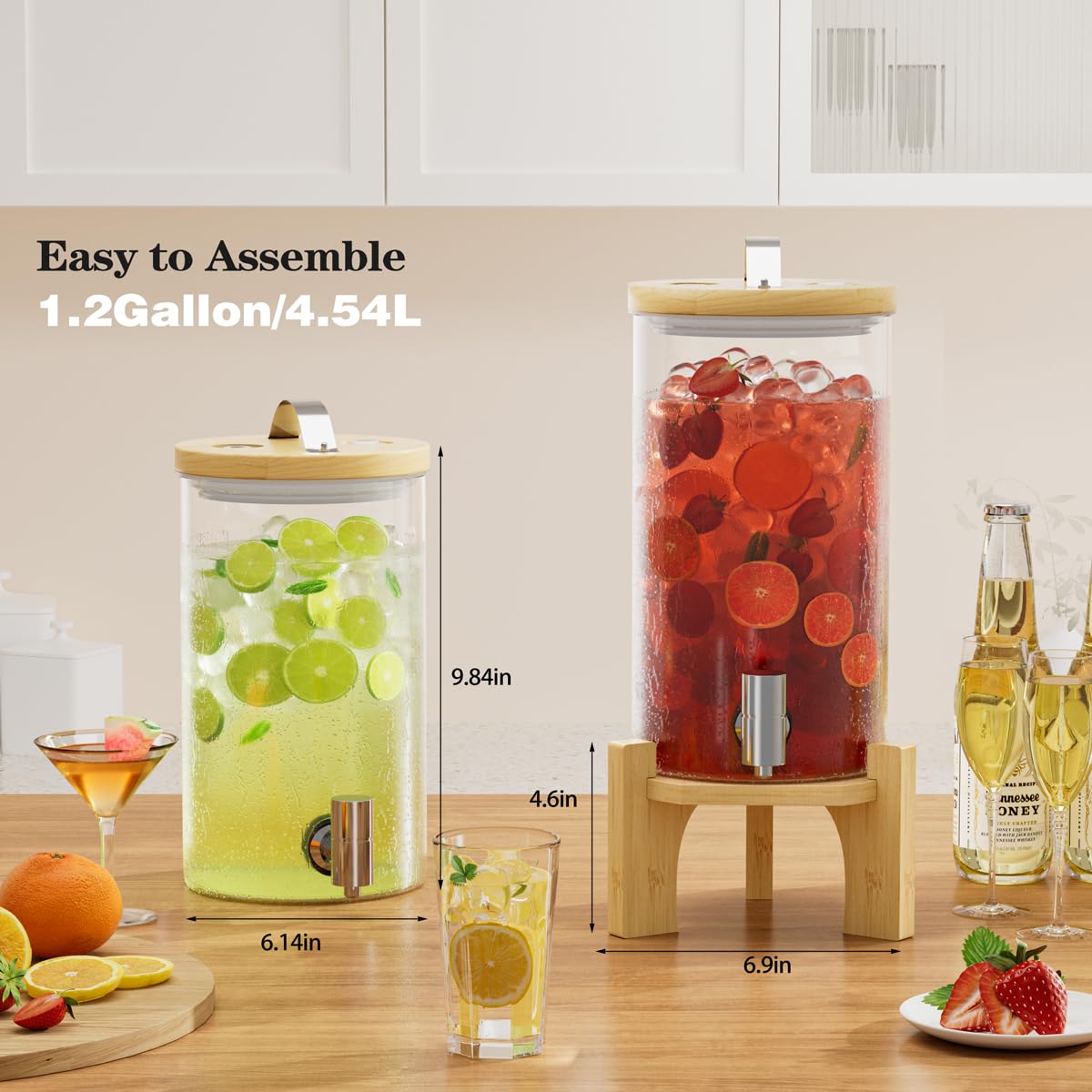 VOVUVK 1.2 Gallon Glass Drink Dispenser For Parties, beverage dispenser with Bamboo wood stand And Stainless Steel Spigot, Juice or lemonade dispenser Laundry Detergent Dispenser (1 PACK)
