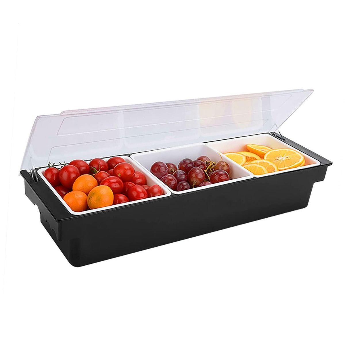 POWLAB Ice Cooled Condiment Serving Container Fruit Veggie Condiment Caddy Plastic Garnish Station with Lid for Fruit,Ice Cream,Salad Bar-Topping Organizer for Restaurant Supplies (3 Compartments)
