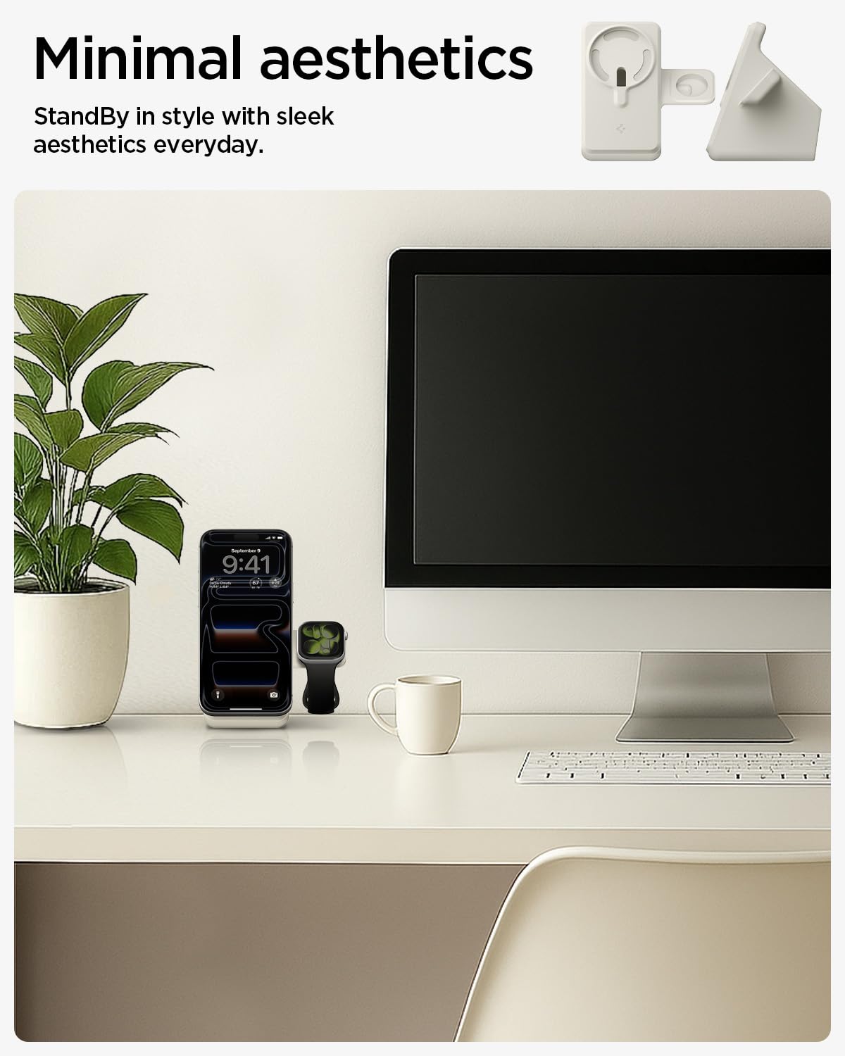 Spigen MagFit Duo Stand Designed for MagSafe Charger (25W) & Apple Watch Charger Holder for Desk Nightstand Premium Silicone Compatible with iPhone 17/16/15/14/13/12 All Apple Watches - Dune Beige