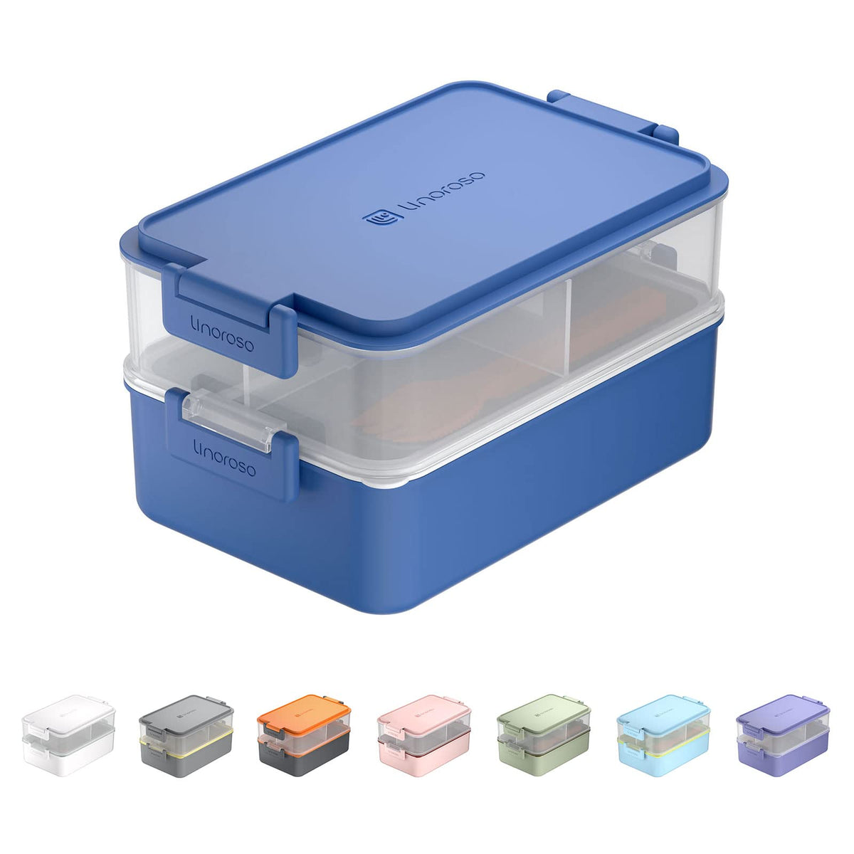 linoroso Stackable Bento Box Adult Lunch Box | Meet All You On-the-Go Needs for Food, Salad and Snack Box, Premium Bento Lunch Box for Adults Include Utensil Set, Dressing Containers - Classic Blue