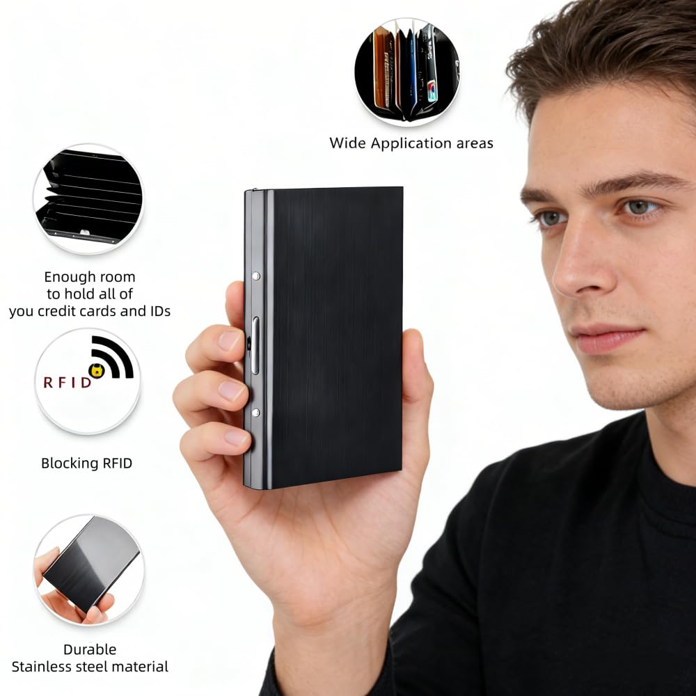 Sungbesi Slim Stainless Steel Metal Card Box Wallet - RFID Blocking Credit Card Holder & ID Protector for Women & Men, Holds Credit/Debit/Business/ID Cards(Black metal wallet 10 grid)