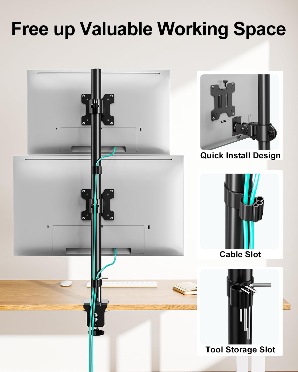 MOUNT PRO Vertical Dual Monitor Stand, Stacked Monitor Mount for 2 Monitors Up to 32 inches, Computer Monitor Arm with Swivel, Tilt, Height Adjustable, Each Monitor Desk Mount Holds up to 17.6 lbs