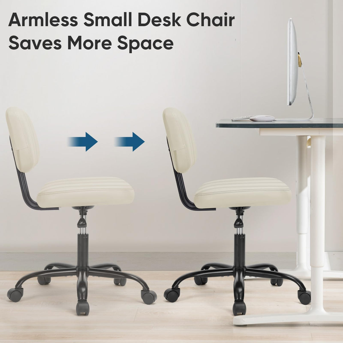 DUMOS Small Office Desk Chair - Armless PU Leather with Comfy Lumbar Support, Height Adjustable Rolling Swivel Task for No Arms, for Adult, Student, Bedroom, Home, Vanity, Beige White