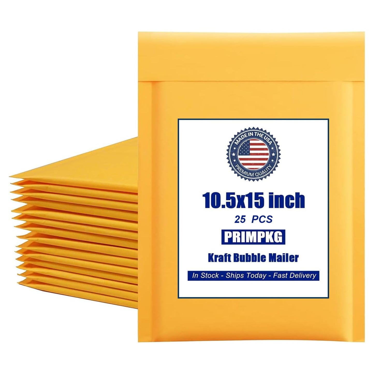 PRIMPKG Bubble Mailer Envelopes, 25 Pack Kraft Padded Envelopes, Large Bubble Mailers 10.5x15 Inch, Self-Seal Shipping Envelope, Tear-Resistant Mailing Envelope Padded
