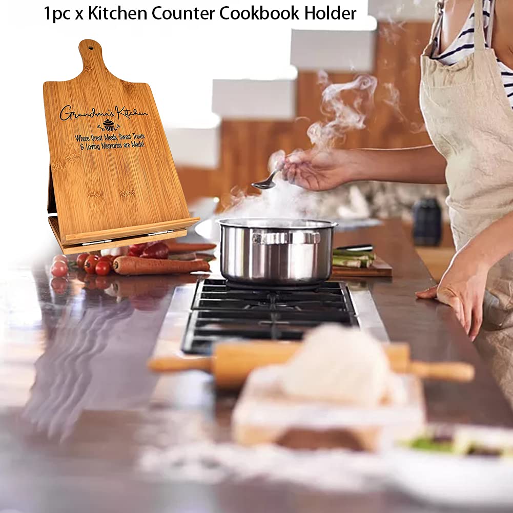 Cookbook Stand for Kitchen Counter, Rustic Cookbook Display Holder for Convenient Cooking, Adjustable Pad Tablet Recipe Book Holder, Wood Cutting Board Style Kitchen Gifts for Cooking Lovers
