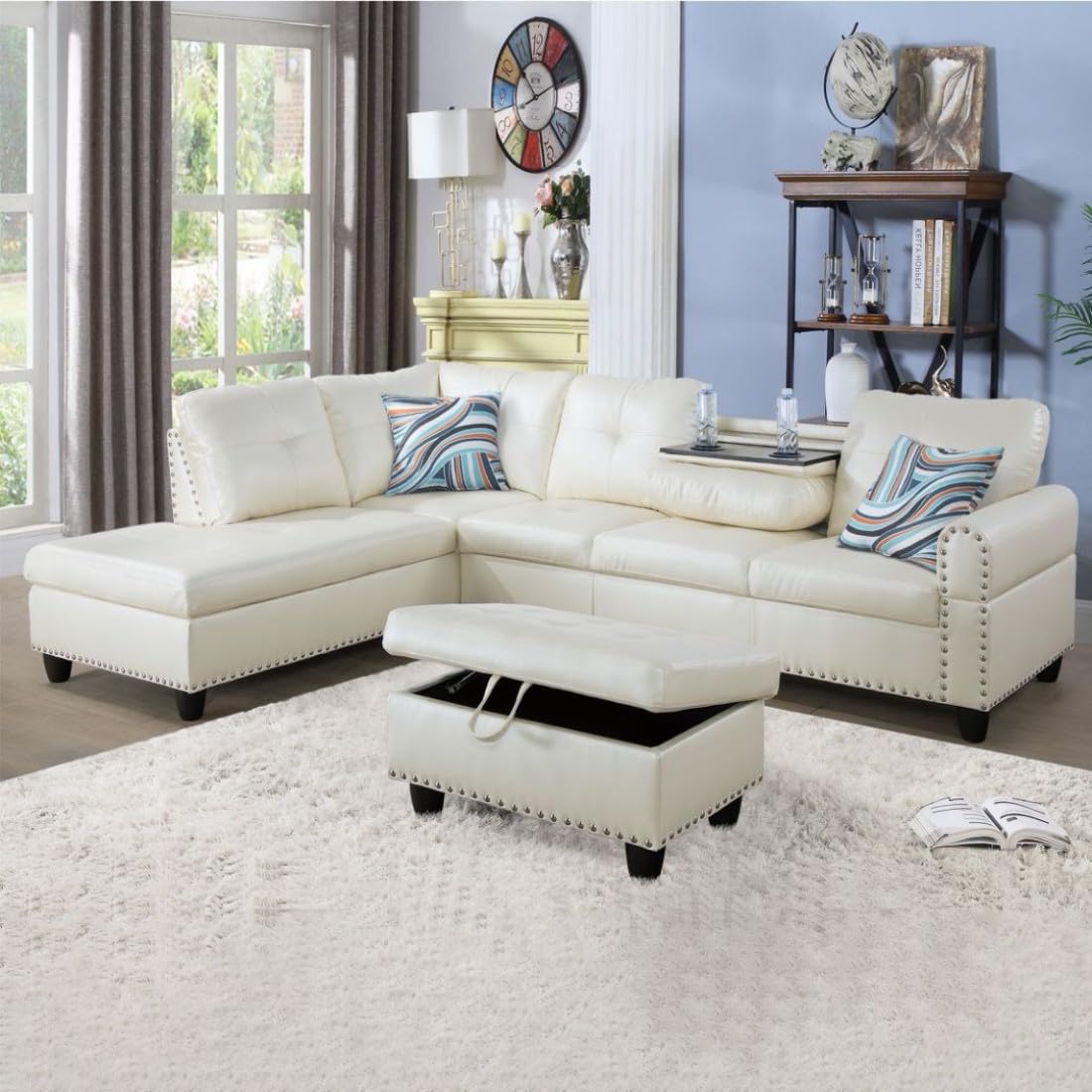 UOCFYK L-Shaped 3-Piece Faux Leather Sofa with Ottoman, Sectional Couch Set for Living Room, Office, Apartment, with Cup Holder, White