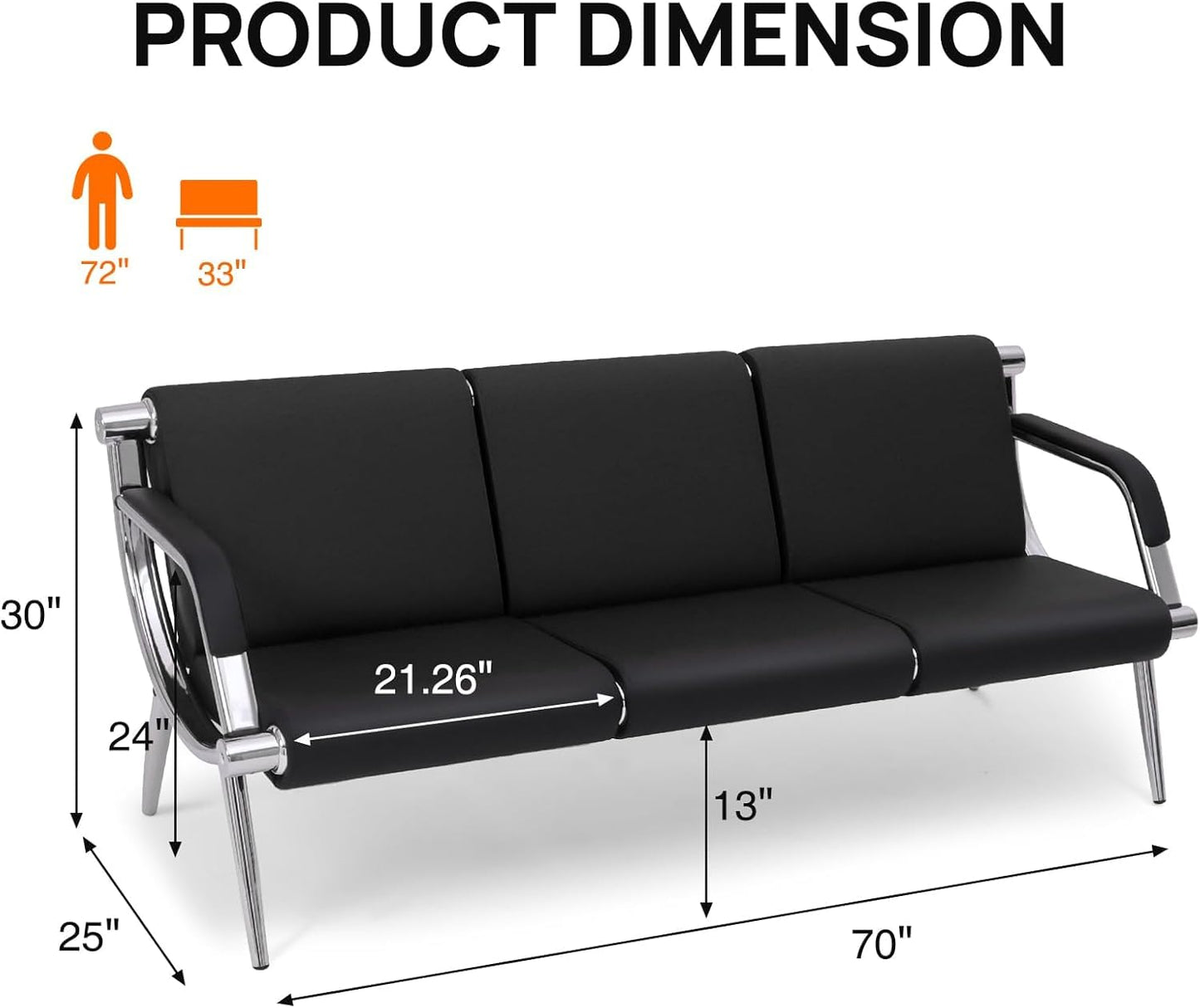 wonline 3 Seat Waiting Room Chair with Armrest PU Leather Office Furniture, Office Guest Seating Lobby Conference Reception Chairs for Airport Clinic Hospital Bank Salon Barber(Black)