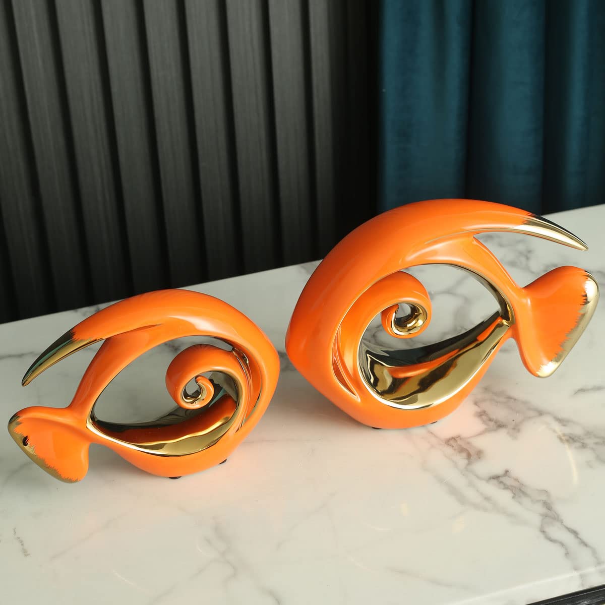 Orange Gold Ceramic Fish Figurines - Coastal Home Decor, Modern Ocean Centerpieces for Living Room, Dining Area, Bathroom, Office, Coffee Table, Beach House, Nautical, Seaside, Entrance, Shelf Display