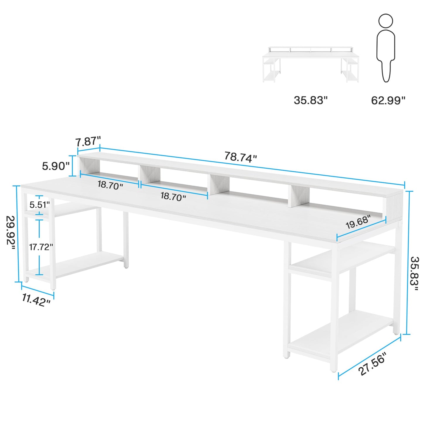 Tribesigns Two Person Desk with Monitor Stand, 78.74" Long Double Computer Office Desk with Storage Shelves, Large Gaming Desk Study Writing Table Workstation for Home Office (White)