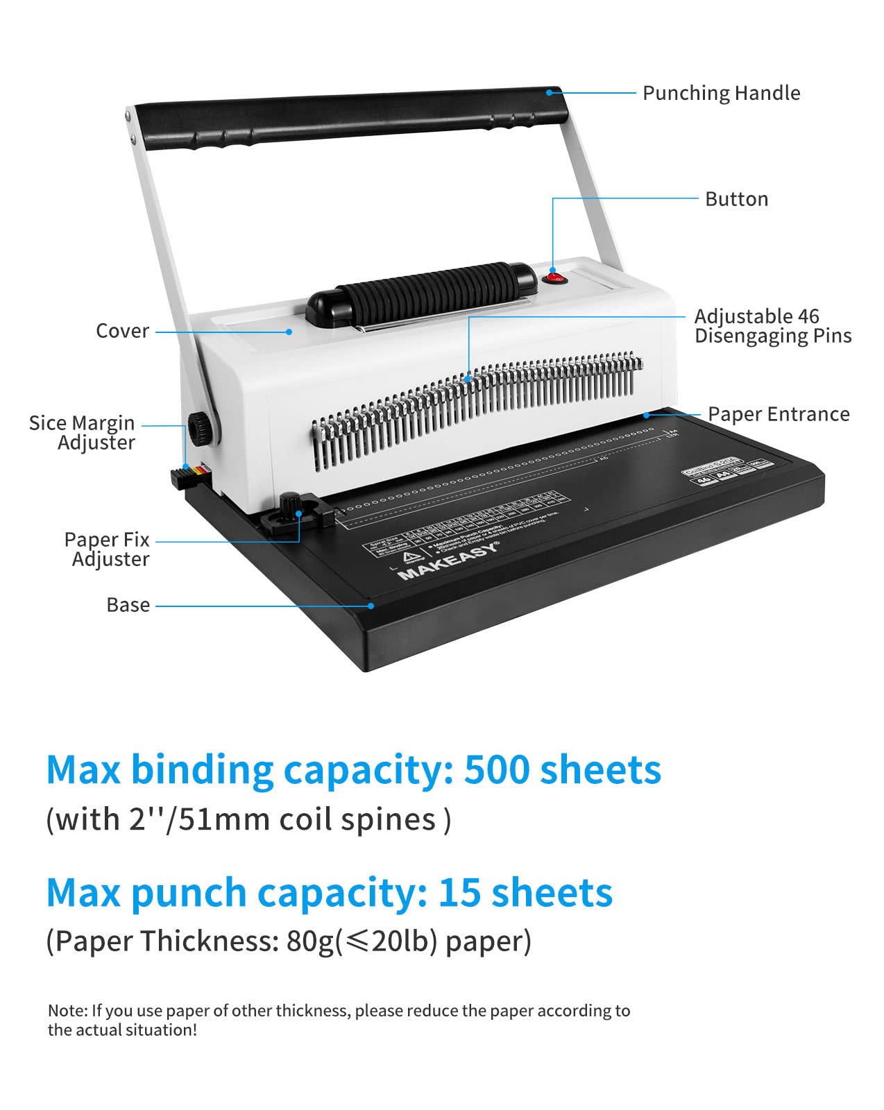 MAKEASY Spiral Coil Binding Machine with 46 Fully Disengaging Pins - 4:1 Pitch - Electric Coil Inserter - Adjustable Side Margin, Comes with Free 1 Box Coil Spines & Plier, 20 Sheet Punch Capacity
