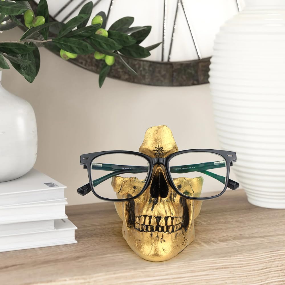 Mrlikale Skull Glasses Stand Holder, Creative Eyeglasses Holder, Sunglasses Spectacle Display Rack, Key Holder Resin Sculptures for Entryway, Home, Office, Desk, Nightstand (Gold)