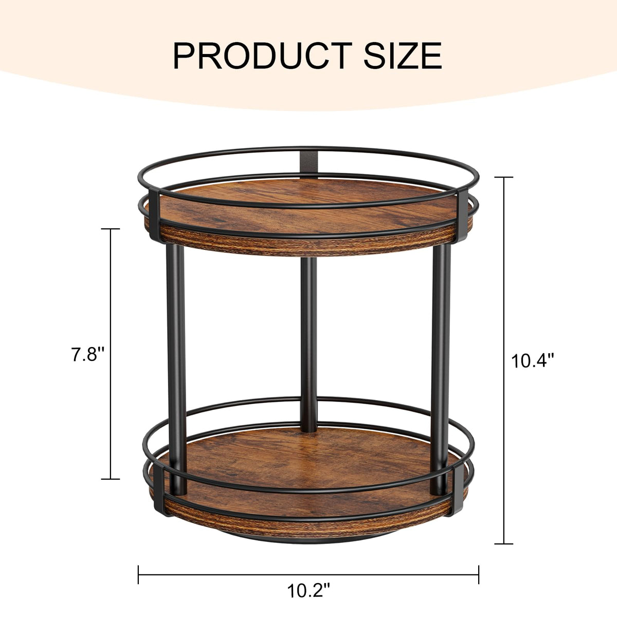 Snughome Rotating Spice Rack, 2 Tier Lazy Susan Organizer, Wood Kitchen Countertop Organizer, Brown Lazy Susan Turntable for Cabinet, 10.2" x 10.2" x 10.4"