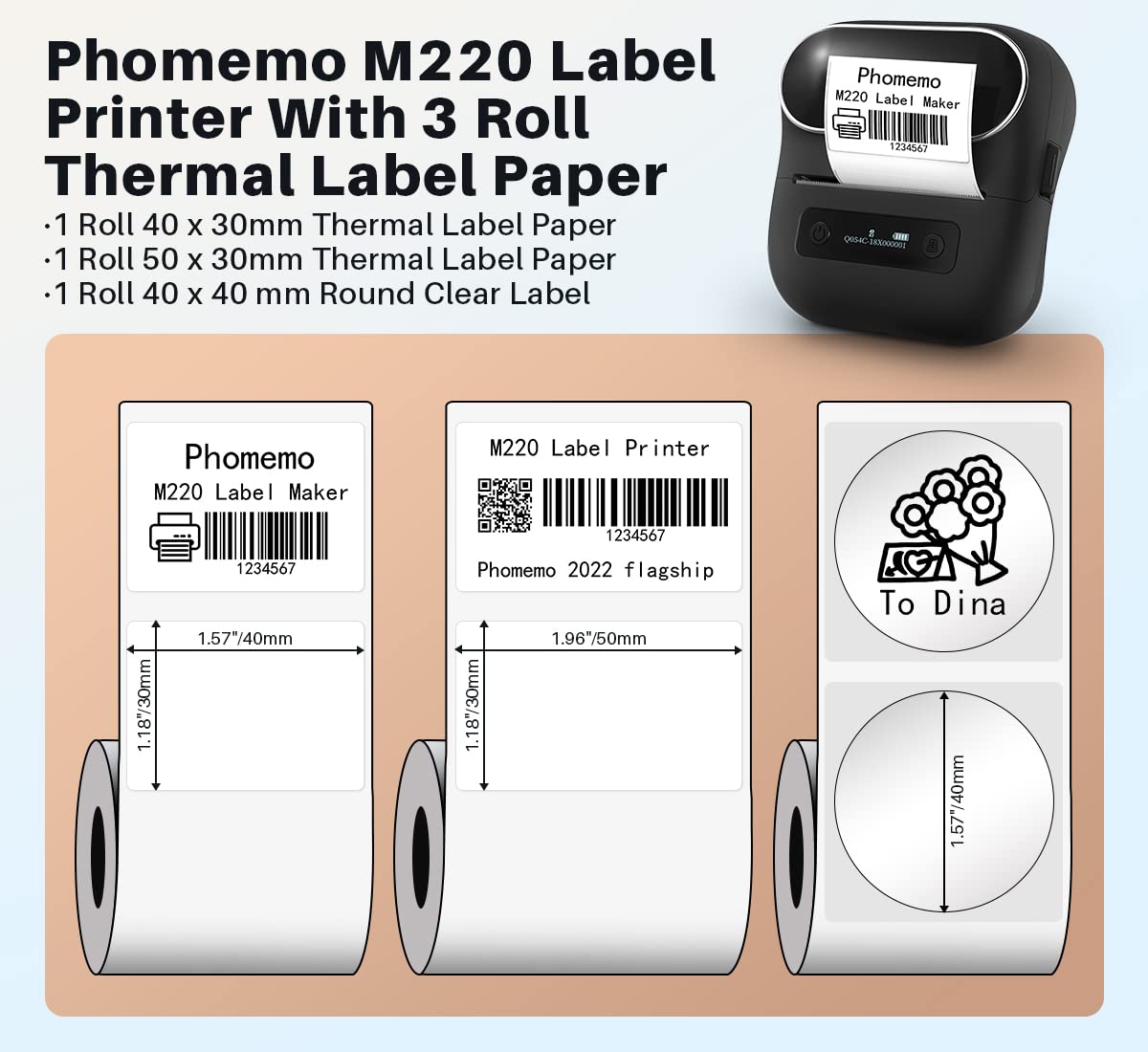 Phomemo M220 Bluetooth Label Maker - 3.14" Portable Thermal Printer with 3 Label, 2200mAh Battery, iOS/Android Compatible, for Small Business Home Office Organization & Barcodes